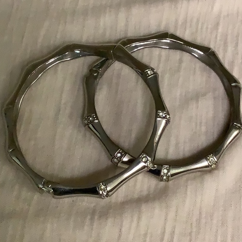 Silver tone Bamboo and Cz Hinged Bangle Bracelets
